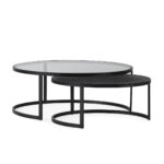 SYLAS Black Oak and Glass Coffee Table Set with tempered glass top, black oak base, and metal frame. WWW.LOUISANDHENRY.CO.UK