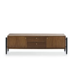 ITALO Solid Natural Wood TV Unit with black legs and brass-accented handles.