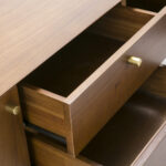 ITALO Solid Natural Wood TV Unit with black legs and brass-accented handles.