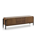 ITALO Solid Natural Wood TV Unit with black legs and brass-accented handles.