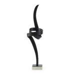 Tall black bronze sculptural form with intertwining elements on white marble base. Luxury Sculptures for sale at Louis & Henry