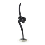 Tall black bronze sculptural form with intertwining elements on white marble base