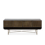 NAOMI Black and Gold Metal Sideboard with sleek design and gold mesh doors.