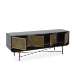 NAOMI Black and Gold Metal Sideboard with sleek design and gold mesh doors.