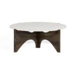 AMANI Wood and White Marble Cocktail Table with a white marble top and sculptural brown wood base.