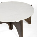 AMANI Wood and White Marble Cocktail Table with a white marble top and sculptural brown wood base.