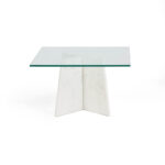 ELENI White Marble Coffee Table with a cross base of natural marble slabs and a tempered glass top.