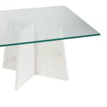 ELENI White Marble Coffee Table with a cross base of natural marble slabs and a tempered glass top.