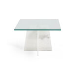 ELENI White Marble Coffee Table with a cross base of natural marble slabs and a tempered glass top.