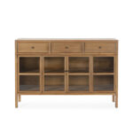 EMERY Natural Cedar Wood and Glass Sideboard with two folding glass doors, two shelves, and three upper drawers, featuring sleek black door knobs.