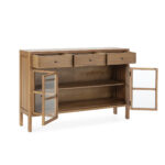 EMERY Natural Cedar Wood and Glass Sideboard with two folding glass doors, two shelves, and three upper drawers, featuring sleek black door knobs.