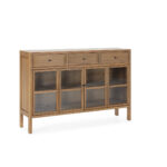 EMERY Natural Cedar Wood and Glass Sideboard with two folding glass doors, two shelves, and three upper drawers, featuring sleek black door knobs.