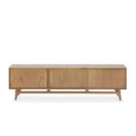 AZIEL Cedar Wood TV Unit with a natural finish and luxurious golden metal handles.