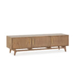 AZIEL Cedar Wood TV Unit with a natural finish and luxurious golden metal handles.