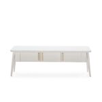 CELIA White and Gold TV Stand featuring a solid white wood design with gold handles, perfect for a modern living room. louis and henry furniture