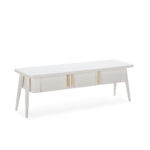 CELIA White and Gold TV Stand featuring a solid white wood design with gold handles, perfect for a modern living room. louis and henry furniture