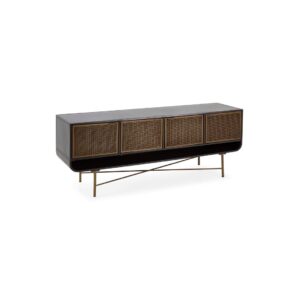 NAOMI Black and Gold Metal Sideboard with sleek design and gold mesh doors.