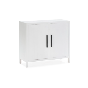 LUXOR Small White Cedar Wood Sideboard with black metal handles, featuring a sleek white finish and two doors with adjustable shelves.