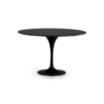 LORNE Black Marble Tulip Dining Table with a fiberglass base and a natural black marble top with white veining.