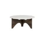 AMANI Wood and White Marble Cocktail Table with a white marble top and sculptural brown wood base.