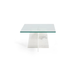 ELENI White Marble Coffee Table with a cross base of natural marble slabs and a tempered glass top.