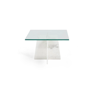 ELENI White Marble Coffee Table with a cross base of natural marble slabs and a tempered glass top.