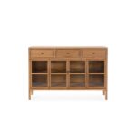 EMERY Natural Cedar Wood and Glass Sideboard with two folding glass doors, two shelves, and three upper drawers, featuring sleek black door knobs.