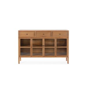 EMERY Natural Cedar Wood and Glass Sideboard with two folding glass doors, two shelves, and three upper drawers, featuring sleek black door knobs.