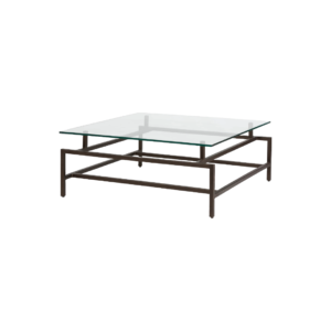 ELARA Bronze Metal Coffee Table with a geometric bronze frame and a square tempered glass top.