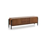 ITALO Solid Natural Wood TV Unit with black legs and brass-accented handles.