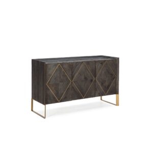 MORWICK Brushed Elm and Gold Sideboard with diamond-shaped design on doors, gold-tone accents, and golden metal feet.