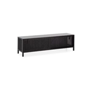 HARRINGTON Black Wooden Rattan TV Unit with black rattan mesh sliding doors, combining modern design with natural texture.