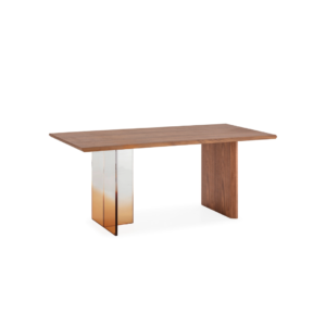 FIORI Dining Table featuring a solid wood top and gradient acrylic base, blending natural and modern design elements