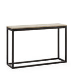 HEARTFORD Travertine Console Table with a natural stone top and black spruce wood frame, perfect for modern interiors.