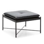 Julian Black Leather Stool with a square cushion, button tufting, and a sleek black metal frame.