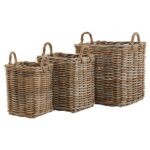 Set of 3 square wicker baskets with natural rattan texture and sturdy woven handles, ideal for storage and adding rustic charm to any room.