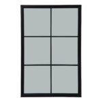 Extra-large black wood windowpane-style mirror ideal for enhancing light and space in modern and industrial interiors.