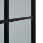 Extra-large black wood windowpane-style mirror ideal for enhancing light and space in modern and industrial interiors.