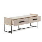 ROSEBURY Ash TV Unit with a light ash wood finish, black metal frame, and two drawers for media storage.