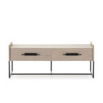 ROSEBURY Ash TV Unit with a light ash wood finish, black metal frame, and two drawers for media storage.