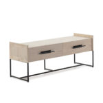 ROSEBURY Ash TV Unit with a light ash wood finish, black metal frame, and two drawers for media storage.