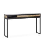 OXFORD Black Console Table with natural rattan slim inserts at the top and a black frame, ideal for modern home decor and versatile placement.