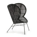 ROCHFORD Black Rattan Wingback Chair with natural rattan seat and black metal frame.