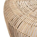 Round whitewashed rattan pouf with intricate open-weave design, suitable for bohemian, coastal, or modern interiors.