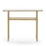 Denshaw Rattan Console Table with gold metal frame, glass top, and rattan shelf.