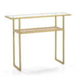 Denshaw Rattan Console Table with gold metal frame, glass top, and rattan shelf.