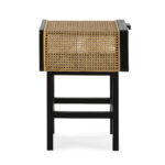 Jolynn Black Cedar Wood and Rattan Bedside Table with woven rattan drawer, modern bedroom furniture.