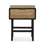 Jolynn Black Cedar Wood and Rattan Bedside Table with woven rattan drawer, modern bedroom furniture.