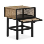 Jolynn Black Cedar Wood and Rattan Bedside Table with woven rattan drawer, modern bedroom furniture.