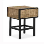 Jolynn Black Cedar Wood and Rattan Bedside Table with woven rattan drawer, modern bedroom furniture.